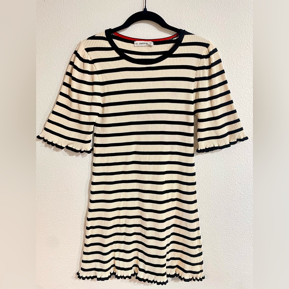 Zara Knit Cream and Black Striped Ruffle Sleeve Dress